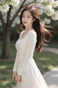 AI generated video: A young woman in a white dress is standing in the garden and looking at the…