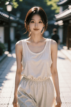 AI generated video: A young woman walks towards the camera in a traditional street, and her hair is…