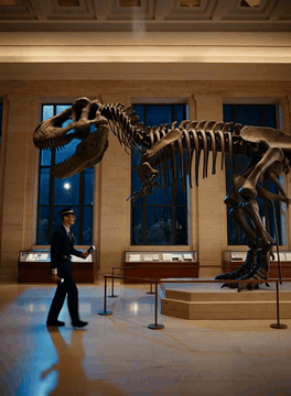 AI generated video: 6-second cinematic slapstick comedy clip, grand natural history museum at…