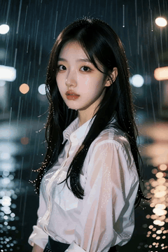 AI generated video: A young woman soaked in rain is standing on the street at night, and the…
