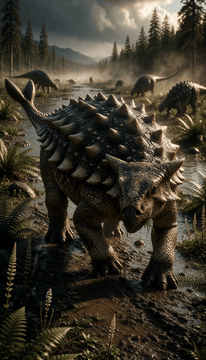 AI generated video: 5-second cinematic prehistoric horror video. The massive armored dinosaur…