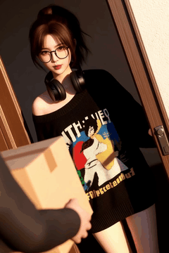 AI generated video: woman, sexy 24 year old nerdy girl, headphones around neck, glasses, medium…