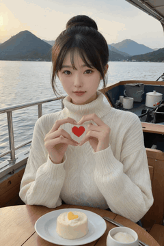 AI generated video: the woman makes a heart shape and moves her hands inside the boat,, The boat…