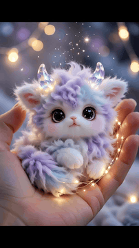 AI generated video: Macro 85mm f/1.8 close-up photo. A tiny palm-sized, ultra-fluffy Cloud-Kirin…