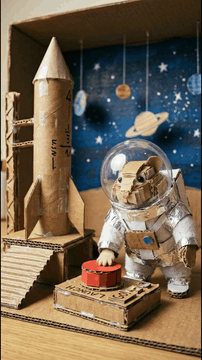 AI generated video: Single continuous low-angle tracking shot, playful stop-motion space comedy…
