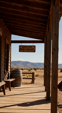 AI generated video: Medium shot looking past the creaking wooden posts of a rustic saloon porch. A…