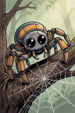 AI generated video: Very active creature, making adjustments to web, mechanical clicking sounds and…