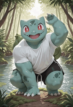 AI generated video: A pudgy, muscular Bulbasaur crouches at the edge of a mossy jungle lake, light…