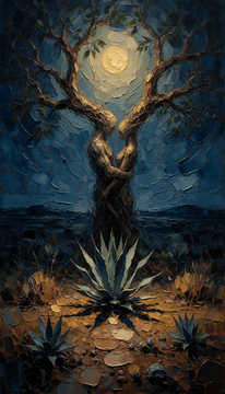 AI generated video: The branches sway and creak in the night wind, leaves fluttering, moonlight…