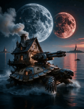 AI generated video: Cinematic wide shot, a colossal mechanical turtle with intricate brass and…