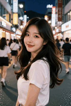AI generated video: A young woman looks back in the downtown area at night and smiles, passers by…