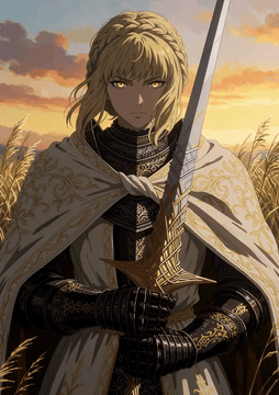 AI generated video: Focused girl knight, holding sword, close eyes and subtle bow, eyes hidden…