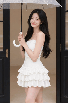 AI generated video: A woman in a white dress is standing in front of the door holding a transparent…