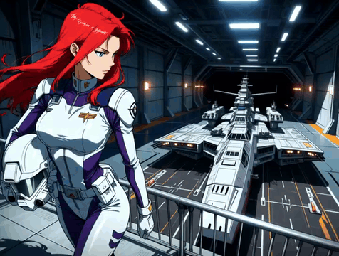 AI generated video: a beautiful red haired woman with blue eyes stands in the foreground, turning…
