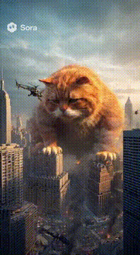 AI generated video: A giant orange fat cat in new York like god zilla crushing buildings and…