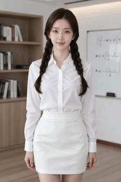 AI generated video: A woman standing in the office is standing still with a smile, The soft wind is…