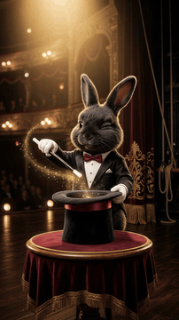 AI generated video: Single continuous dynamic tracking shot, theatrical magic show slapstick…