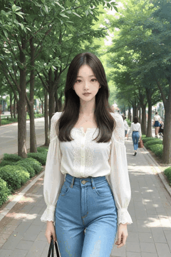 AI generated video: A young woman walks slowly along a tree lined street, the leaves around, Her…
