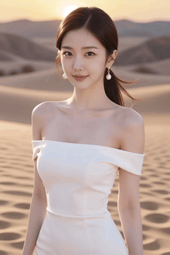 AI generated video: A woman in a white dress is standing in the desert, hair blows in the wind, the…