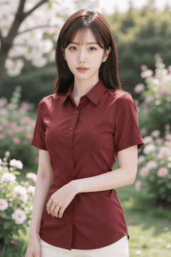 AI generated video: A brown haired woman stands in the garden and gently changes her position…