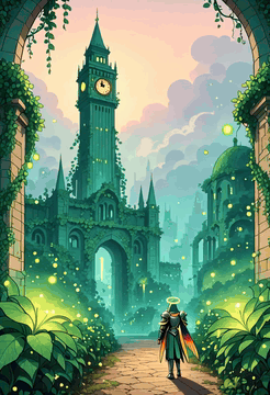 AI generated video: A ruined city overtaken by glowing plants and hanging gardens, with wild…