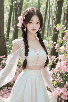 AI generated video: A young woman with two pigtails decorated with flowers stands among the…