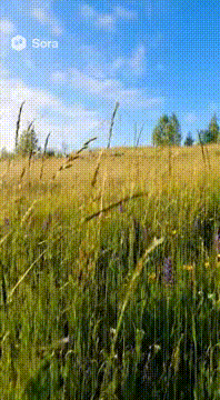 AI generated video: Steadicam glides across open fields where wildflowers shimmer under sunlight.