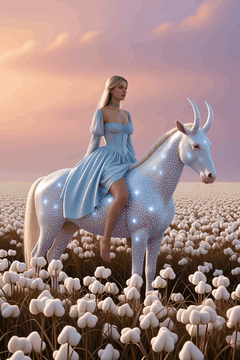 AI generated video: standing, A marshmallow field under a sky of shifting peach and lilac, where a…