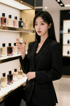 AI generated video: A woman in a black suit is standing while holding a perfume bottle and looking…