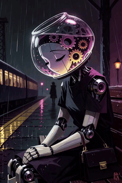 Видео, сгенерированное нейросетью: Soft rain and a slow, melancholy jazz piano. The robot girl slumps on the…