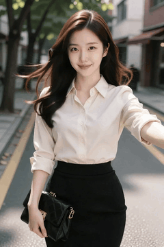 AI generated video: A young woman is taking a selfie on the street, her long hair is blowing in the…