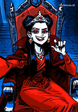 AI generated video: Vampire queen, waves hand suggestively, smirking with vampire fangs visible,