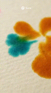 AI generated video: Macro reaction–diffusion (Gray–Scott-style) pigment on wet paper—teal, saffron…