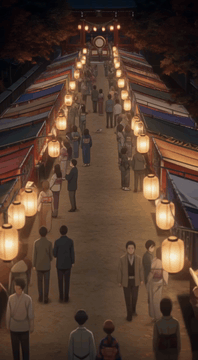 AI generated video: Cinematic 14-second anime sequence. An autumn night festival on dry…