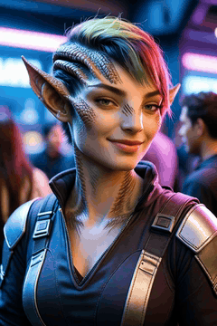 AI generated video: A candid photograph of a curvy sexy female alien mercenary in a sci-fi bar…
