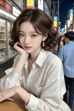 AI generated video: A short haired woman sits quietly at an outdoor dining table, and the neon sign…
