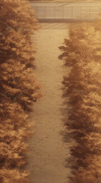 AI generated video: Cinematic 14-second anime sequence. Fall season in a dry park and street at…