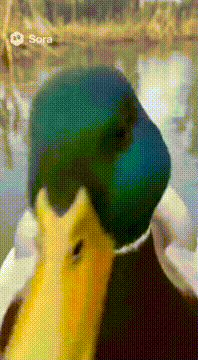 AI generated video: A male mallard duck rapping in the camera, close up on his face. Camera is a…
