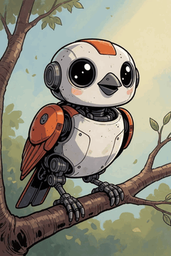 AI generated video: Looks at camera, opens mouth to speak "who wanted a mechanical bird?"…