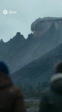 AI generated video: Realistic Giant monster shows his head from behind mountain blurry camera shot