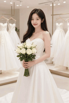AI generated video: The bride is wearing a wedding dress and standing with a bouquet, her hair…
