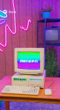 AI generated video: A retro 1990s-style TV ChatGPT commercial scene.