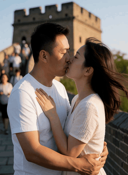 Видео, сгенерированное нейросетью: A gentle 6-second travel moment on the Great Wall: the couple stays close, hair…