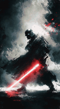 AI generated video: A dark, painterly, semi-abstract figure of a Sith Lord, rendered in rough black…