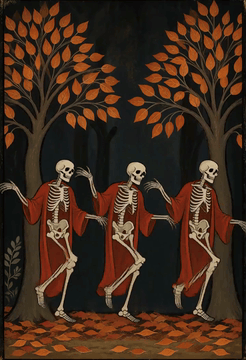 AI generated video: The three skeletons do a synchronized can-can kick. On the big kick, the middle…