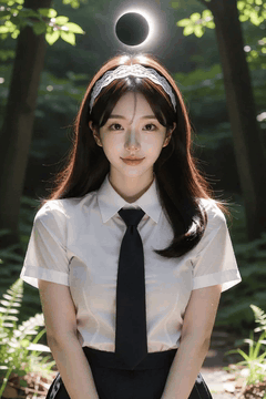 AI generated video: A young woman in a school uniform stands in the woods and smiles,, Her long…