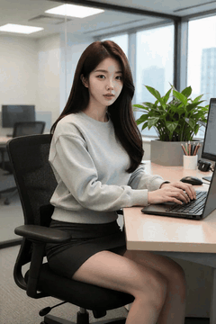 AI generated video: female office worker is sitting at her desk and typing on a laptop keyboard…