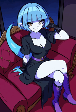 AI generated video: solo,1girl,pointed ears,yellow eyes,slit pupils,blue hair,blind bangs,short…