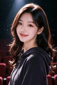 AI generated video: A young woman standing in the audience seat of the theater gently turns and…