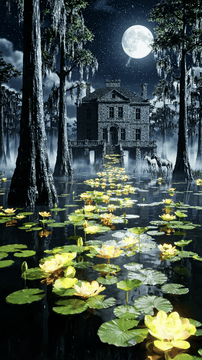 AI generated video: A photorealistic moonlit marsh surrounded by cypress trees, with an old stone…